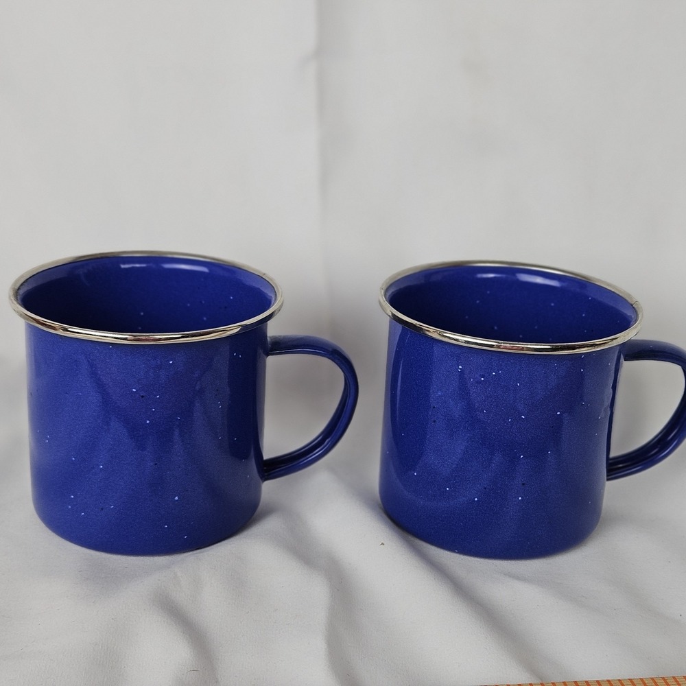 2 Enamelware Coffee Water Cup Blue Speckled 3-1/4" Tall